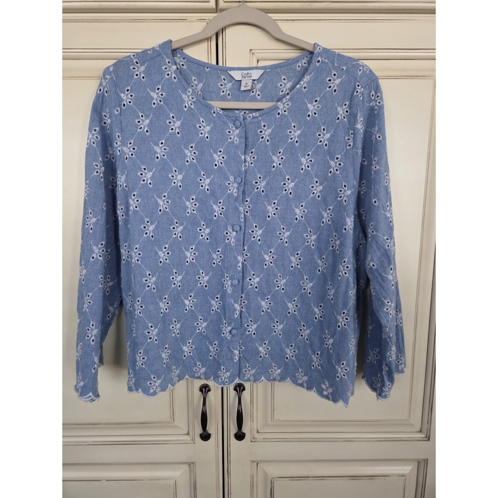 Croft‎ & Barrow Chambray Eyelet Button Up Top Women's X Lg Cottagecore Scalloped